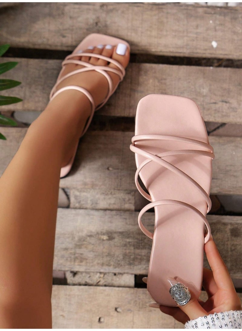 SHEIN Women'S Solid Color Square Toe Simple Style Flat Slip-On Sandals For Outdoor - Image 2